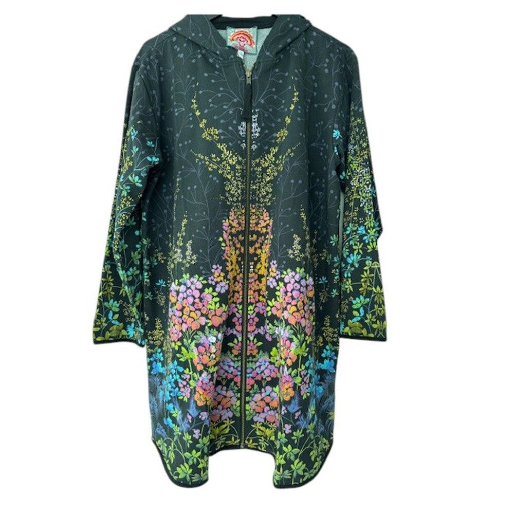 Johnny Was Magic Garden Long Hoodie Knit Coat Cotton Floral Zip Jacket Black NEW